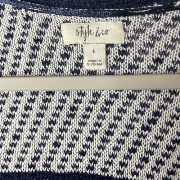 Style & Co Top Large Blue White Open Knit Kimono Topper Fringe Boho - Picture 8 of 9